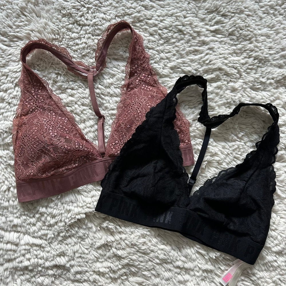 PINK by Victoria's Secret Black and Brown Lace Racerback Bralettes Womens Sz Med